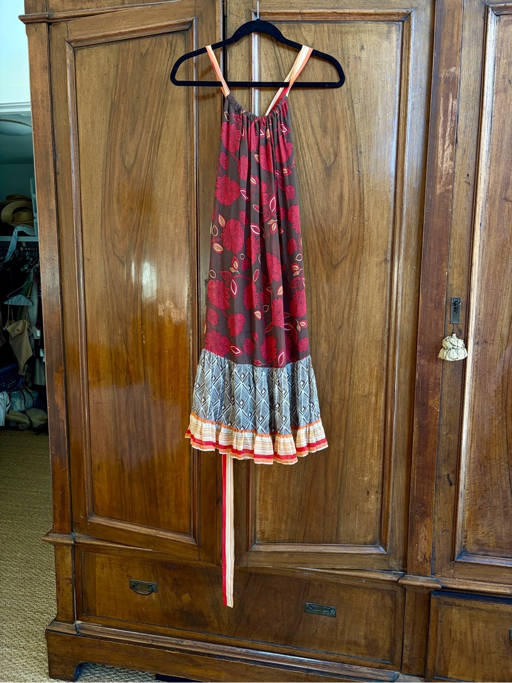 BCBGMaxAzria Red Floral Tiered Midi Dress with Patterned Hem
